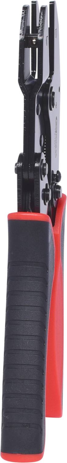 Zange mit schwarzem Metallkopf und ergonomischen, rot-schwarzen Griffen.