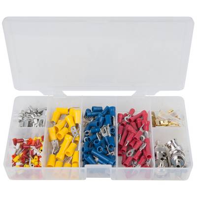 Eine Plastikbox mit sechs Fächern, die verschiedenfarbige Kabelverbinder enthält: rote, blaue, gelbe und silberne.