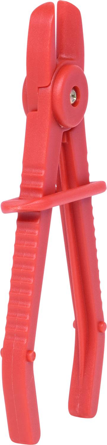 Rote Kunststoffzange mit geriffelten Griffen und einem runden Gelenk in der Mitte. Sie sieht aus wie eine Sicherheits- oder Isolierzange.