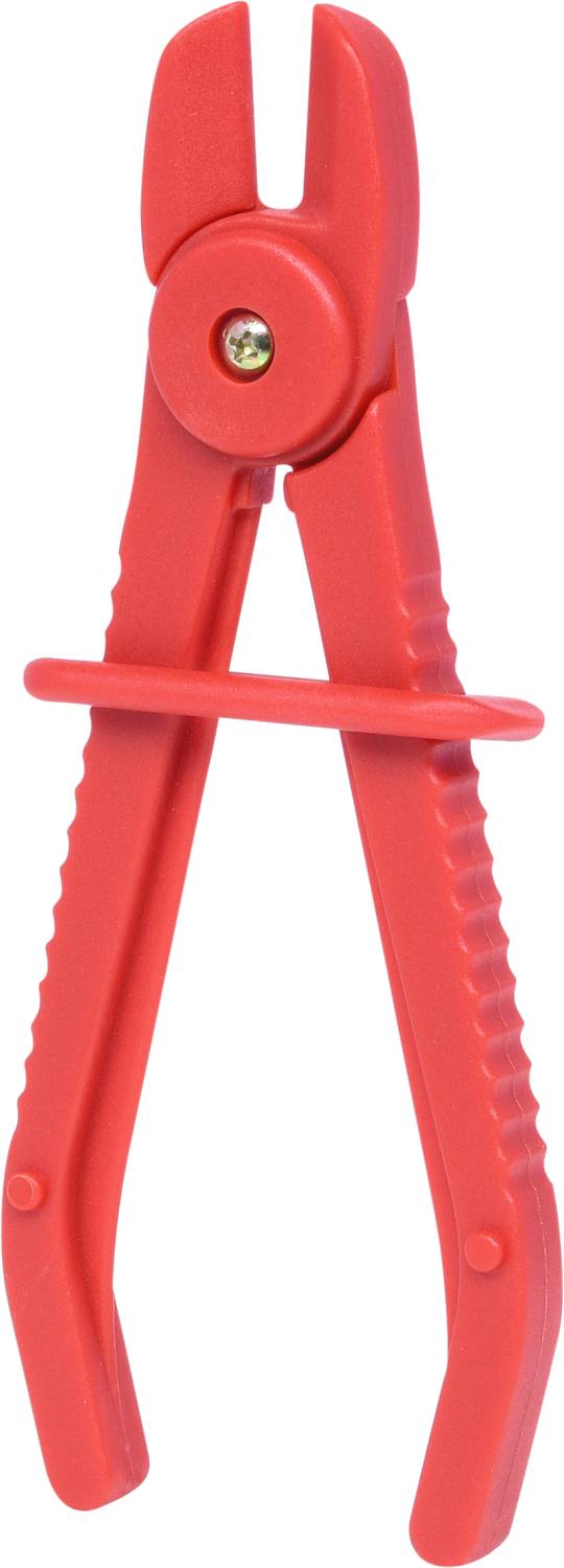 Rote Kunststoffzange mit Zähnen und Sprungfeder, gehalten in offener Position. Geeignet zum Greifen oder Schneiden von Objekten.