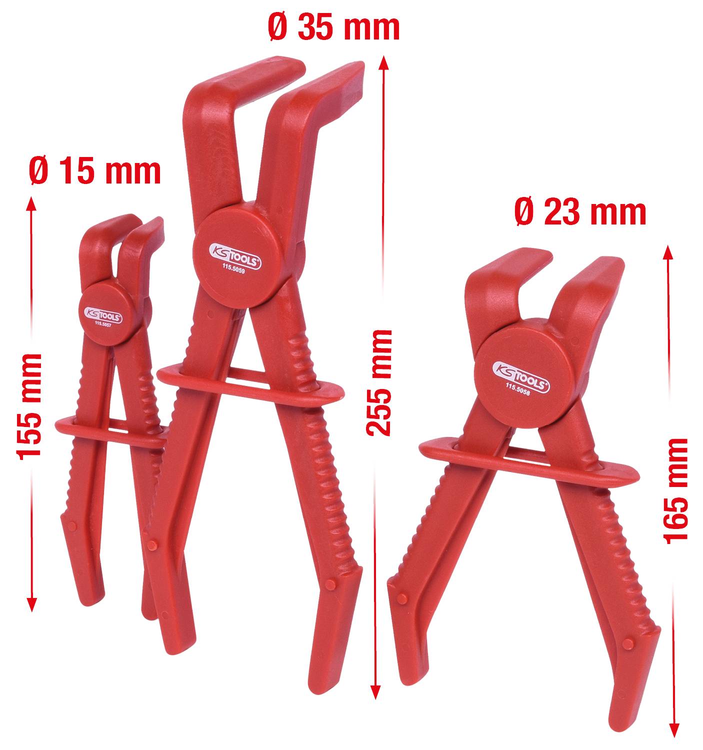 Drei rote Schlauchklemmen mit verschiedenen Längen und Backendurchmessern: 155 mm (Ø 15 mm), 255 mm (Ø 35 mm), 165 mm (Ø 23 mm).