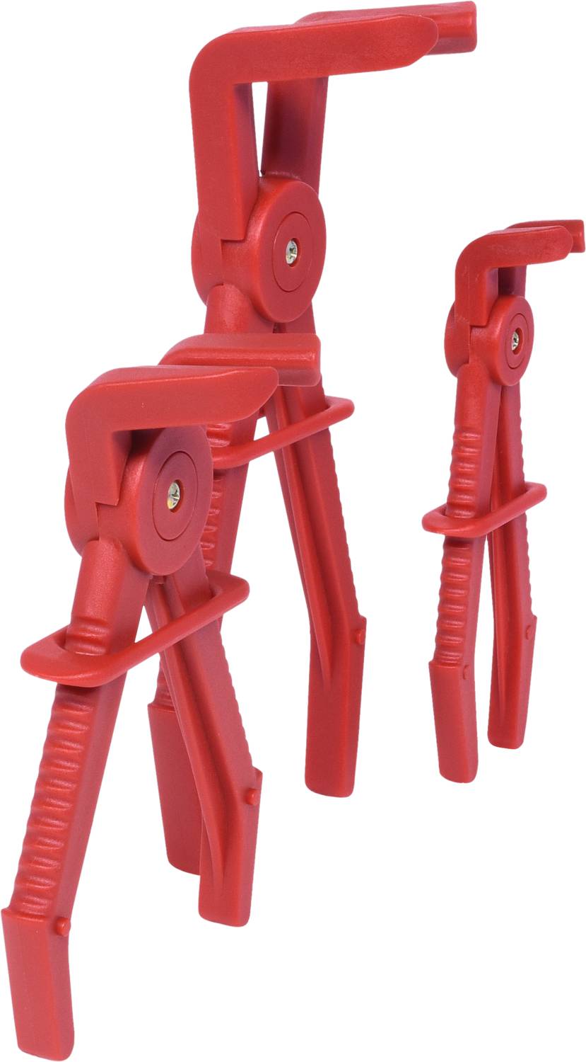 Zwei rote Kunststoffzangen in unterschiedlichen Größen stehen nebeneinander. Sie haben gezackte Griffe und sind vermutlich für mechanische Arbeiten gedacht.