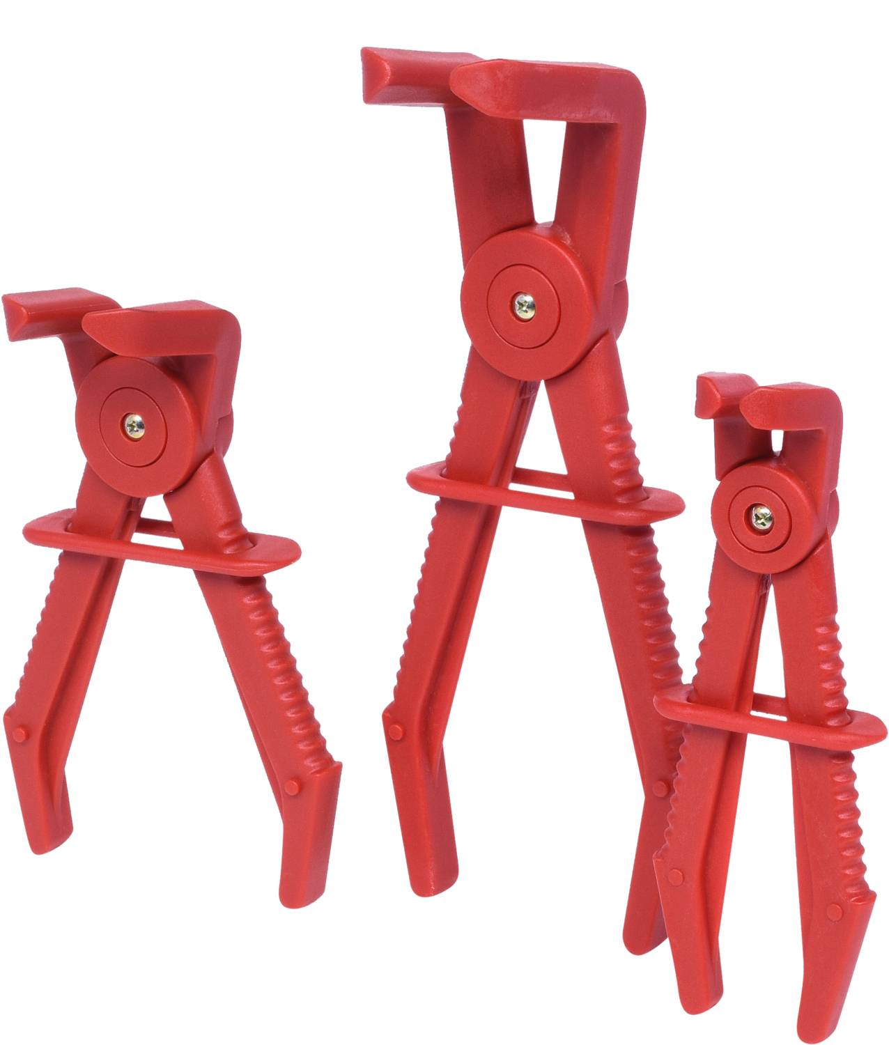 Drei rote Kraftstoffleitungsklemmen in verschiedenen Größen auf weißem Hintergrund. Ideal zum Abklemmen von Schläuchen bei Reparaturen.