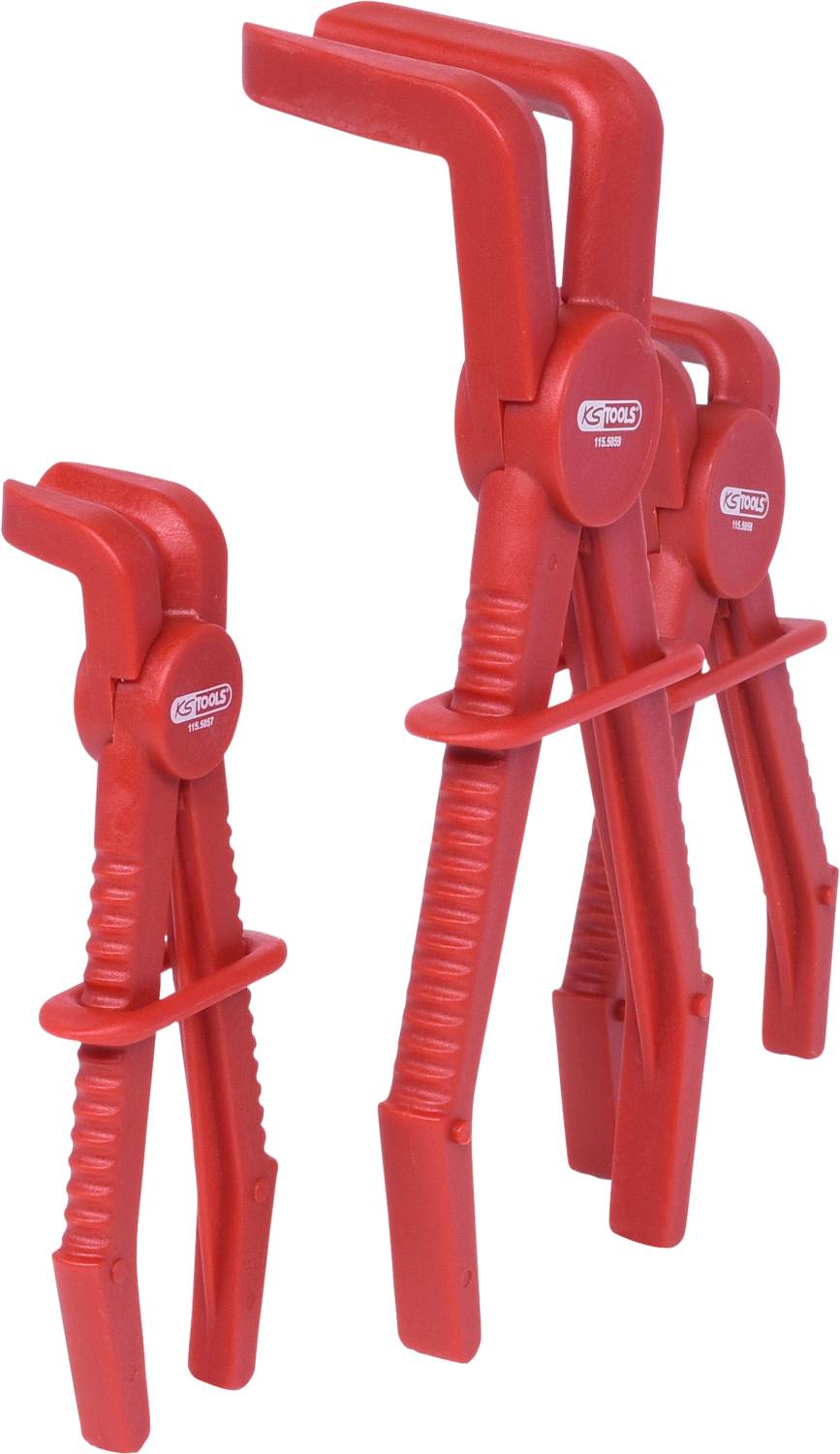 Drei rote Spezialzangen in verschiedenen Größen stehen aufrecht nebeneinander. Sie haben gezackte Greifflächen und sind aus Kunststoff.
