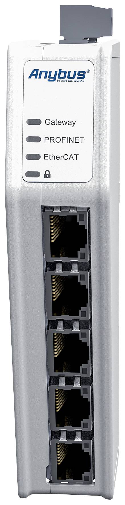 Ein weiß-grauer Netzwerk-Gateway mit fünf Ethernet-Ports, geeignet für die Protokolle PROFINET und EtherCAT, mit Anybus-Logo.
