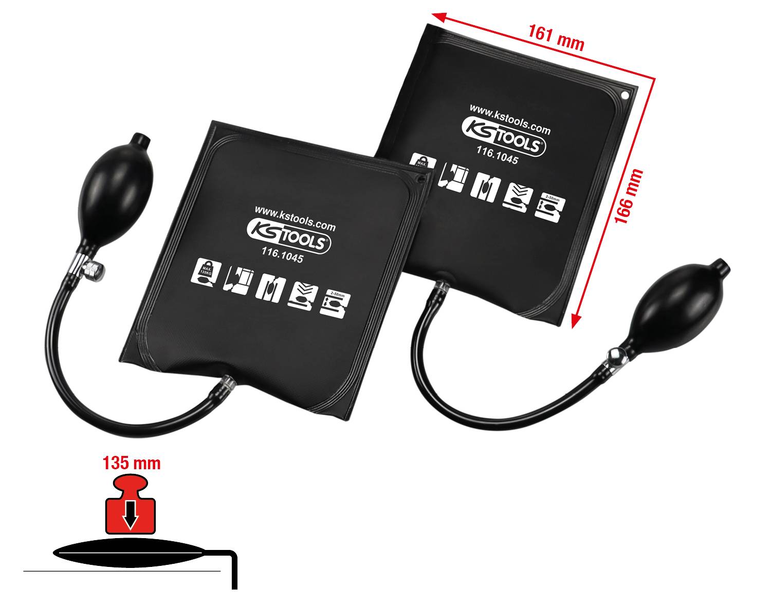 'KS Tools' Montagekissen mit Pumpe. Zwei Kissen unterschiedlicher Größe: 161x166 mm. Verwendung: Schonendes Heben und Positionieren.