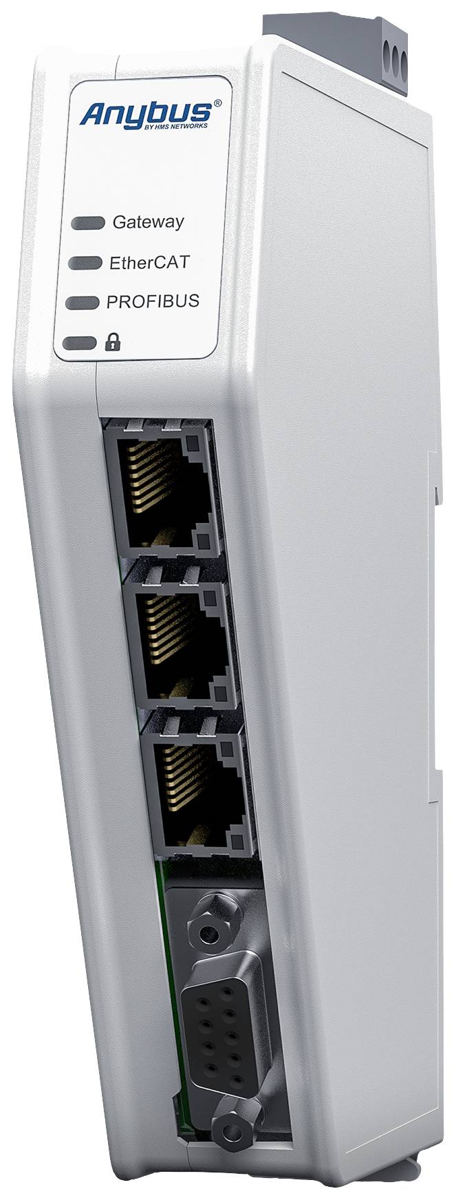 Ein industrieller Gateway mit Beschriftungen 'Anybus', 'EtherCAT' und 'PROFIBUS', sowie mehreren Netzwerkanschlüssen.