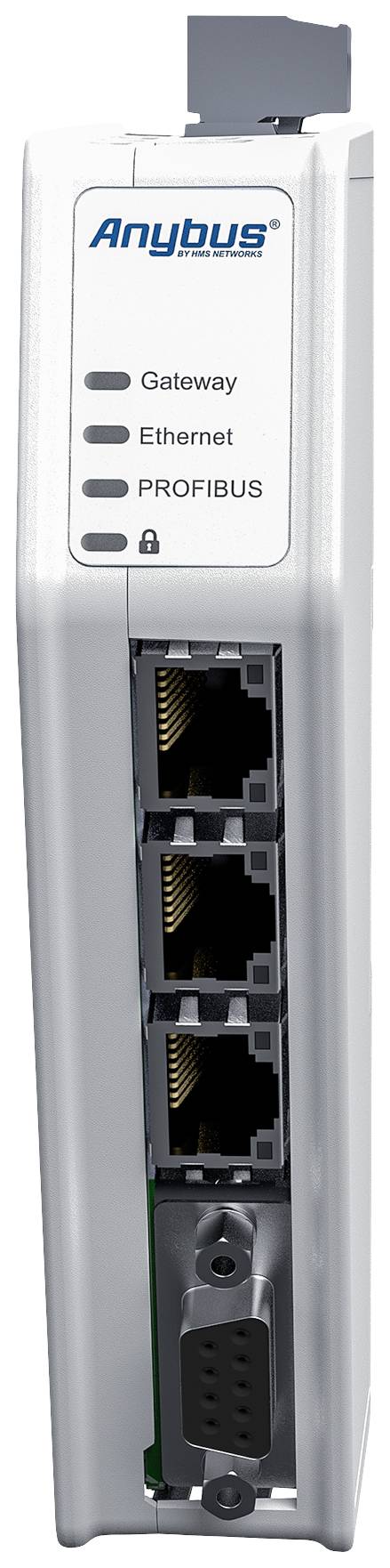 Ein Gateway-Gerät mit drei Ethernet-Ports und einem PROFIBUS-Anschluss. Anzeigen für 'Gateway', 'Ethernet' und 'PROFIBUS' leuchten.