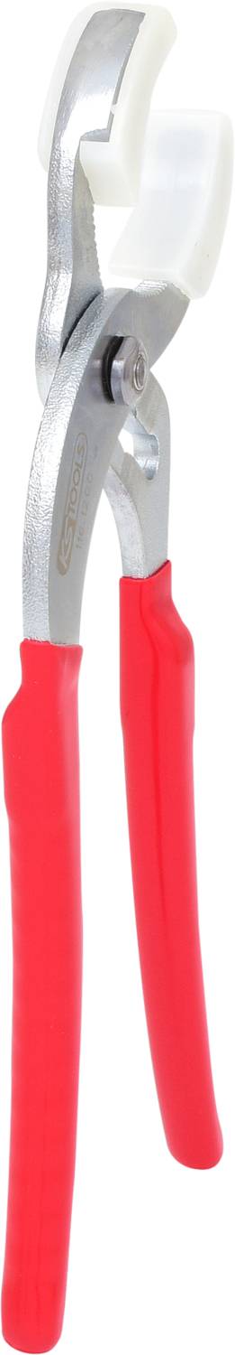 Zange mit roten Griffen und breitem weißen Maul, geeignet für Arbeiten an Rohrleitungen oder anderen runden Gegenständen.