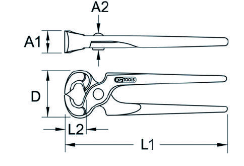 Abbildung einer Zange mit Maßen: A1, A2, D, L1, L2. Werkzeug von 'KS Tools', zeigt Profilansicht und Hauptkomponenten der Zange.