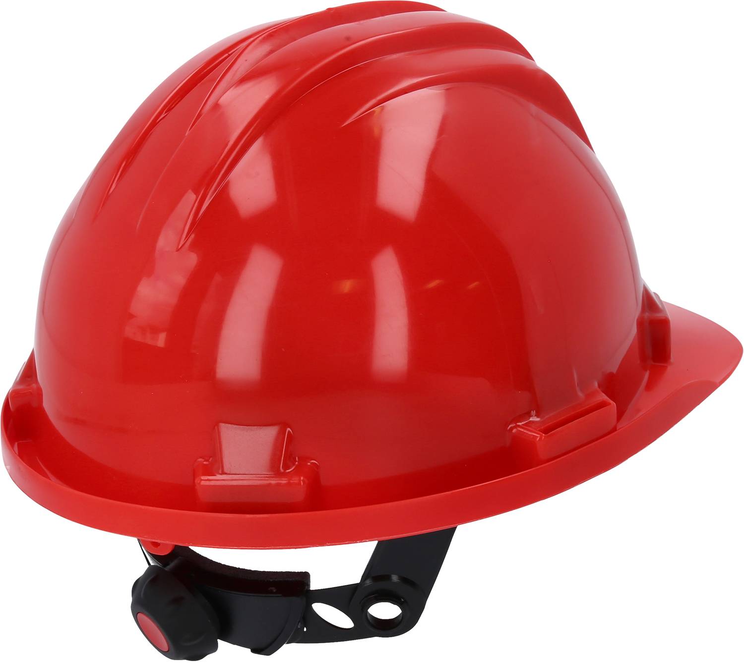 Ein roter Schutzhelm mit verstellbarem Gurt, auf flachem Hintergrund. Geeignet für Bau- oder Sicherheitsumgebungen.