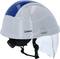 Ein weißer Schutzhelm mit blauem Akzent, markiert mit 'eSHARK', ausgestattet mit Visier und Drehknopf zur Anpassung.