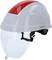 Bauhelm mit klarem Visier und rotem Akzent auf der Oberseite. Sicherheitsschutz für den Kopf auf Baustellen und bei Arbeiten.