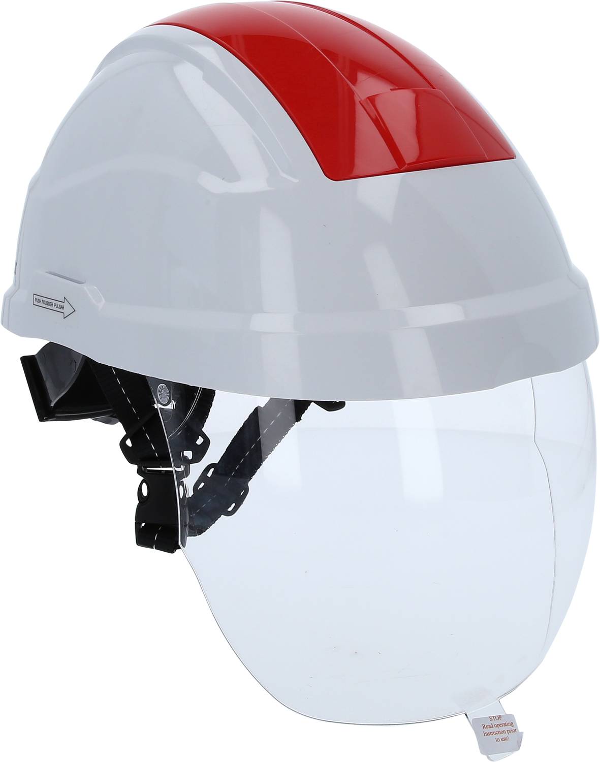 Ein weißer Schutzhelm mit einem roten Streifen auf der Oberseite und einem transparenten Gesichtsschutz. Geeignet für Sicherheitszwecke.