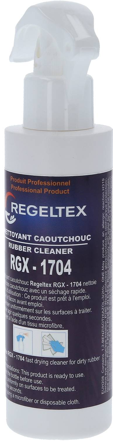 Eine Sprühflasche mit der Aufschrift 'Regeltex RGX-1704', ein Reiniger für Gummioberflächen, Produktbeschreibung in Französisch.
