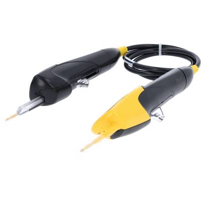 Zwei elektrische Lötkolben mit gelben und schwarzen Griffen, verbunden durch ein langes Kabel.