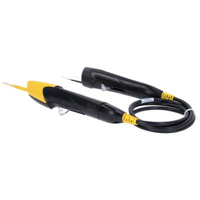 Ein schwarzes Kabel mit gelben Anschlüssen an beiden Enden, möglicherweise für elektrische Prüfungen oder Verbindungen geeignet.