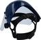 Blauer Schutzhelm mit klarem Visier und verstellbarem Band, geeignet für Augen- und Gesichtsschutz bei handwerklichen Arbeiten.