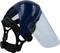 Ein blauer Schutzhelm mit transparentem Visier und verstellbarem Kopfband aus Kunststoff, geeignet für industrielle Sicherheitsanwendungen.