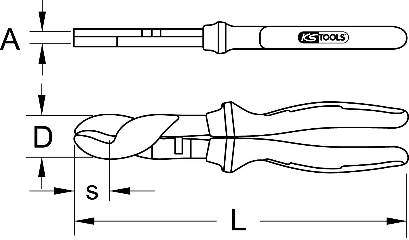 Abbildung einer Zange mit Abmessungen: A, D, S, L. Seitenansicht oben, Draufsicht unten. Markierung 'KS TOOLS' am Griff.