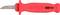 Rotes Entmantelungsmesser mit einem kurzen, gebogenen Metallklinge und rotem Kunststoffgriff, geeignet für Kabelarbeiten.