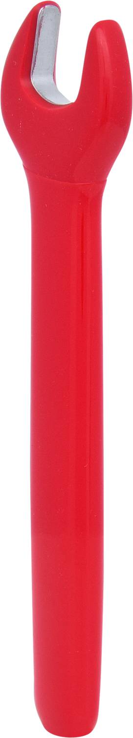 Roter Flaschenöffner mit ergonomischem Griff und silberner Öffnungsfläche, geeignet für verschiedene Arten von Flaschenverschlüssen.