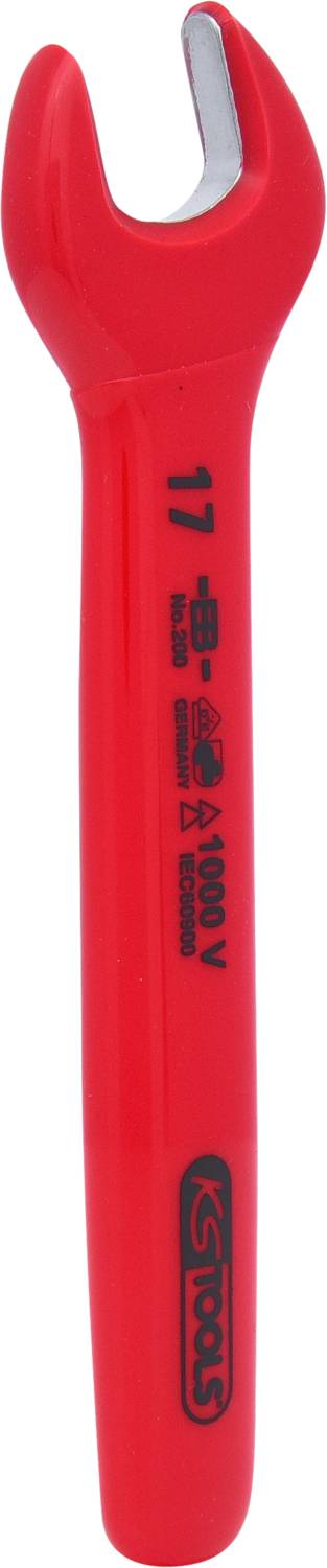 Roter isolierter Schraubenschlüssel mit der Aufschrift '1000V KS Tools', geeignet für Arbeiten an elektrischen Anlagen.
