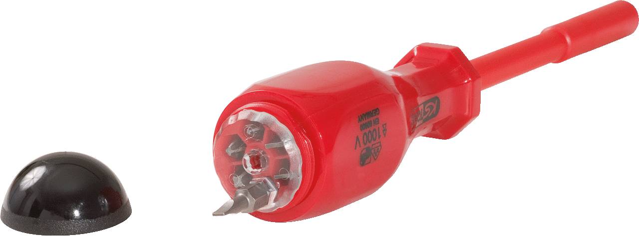 Ein Spannungsprüfer mit rotem Griff und abnehmbarem Schutzkappenaufsatz. Gerät dient zur Prüfung elektrischer Spannung.