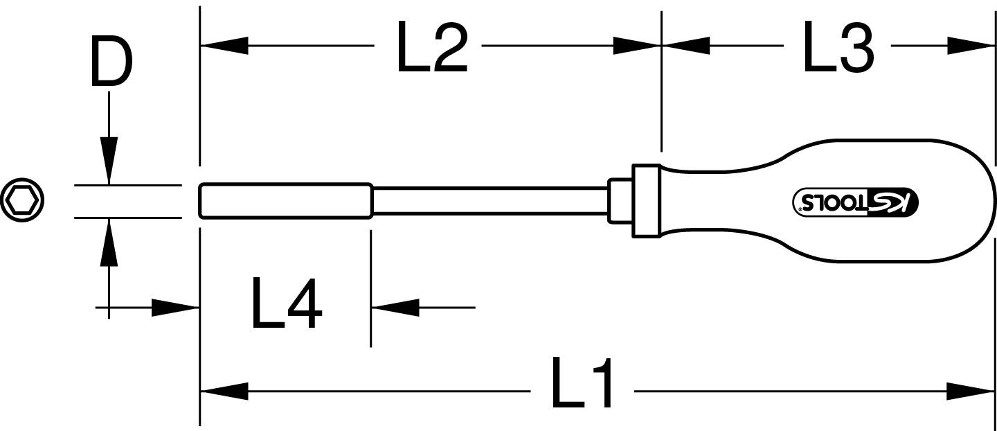 Technische Zeichnung eines Schraubendrehers. Markierungen zeigen verschiedene Längen L1, L2, L3, L4 und Durchmesser D.
