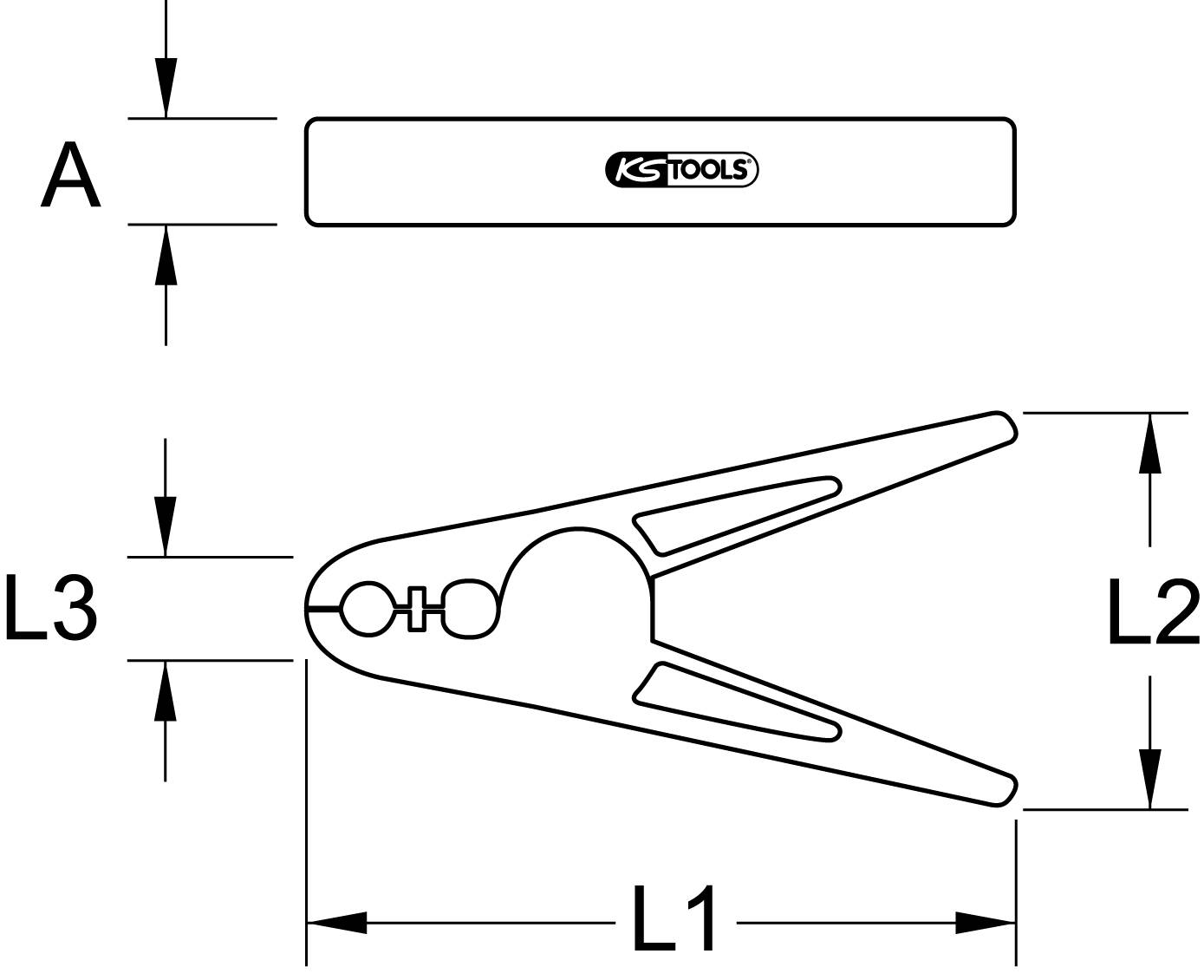 Technische Zeichnung eines Werkzeugs mit Maßeinheiten L1, L2, L3 und A, von KS Tools.