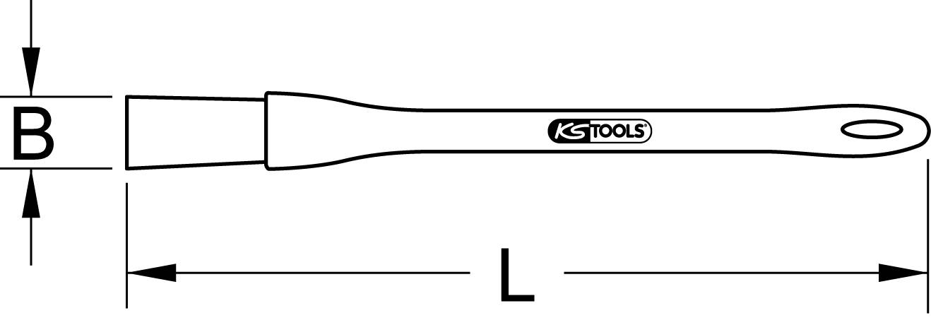 'Zeichnung eines Werkzeugs mit KS TOOLS-Logo, rechteckiger Spitze (Breite B) und langer Griff (Länge L) mit Aufhängeloch.'