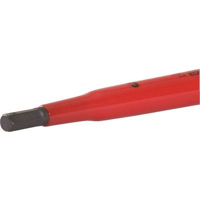 Ein roter Schraubendreher mit sechskantiger Metallspitze, teilweise sichtbar. Ideal zum Festziehen und Lösen von Schrauben.