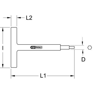 Technische Zeichnung eines T-Schlüssel-Werkzeugs mit Maßangaben L1, L2, l, und D. Seitliche Ansicht zeigt Sechskantende.