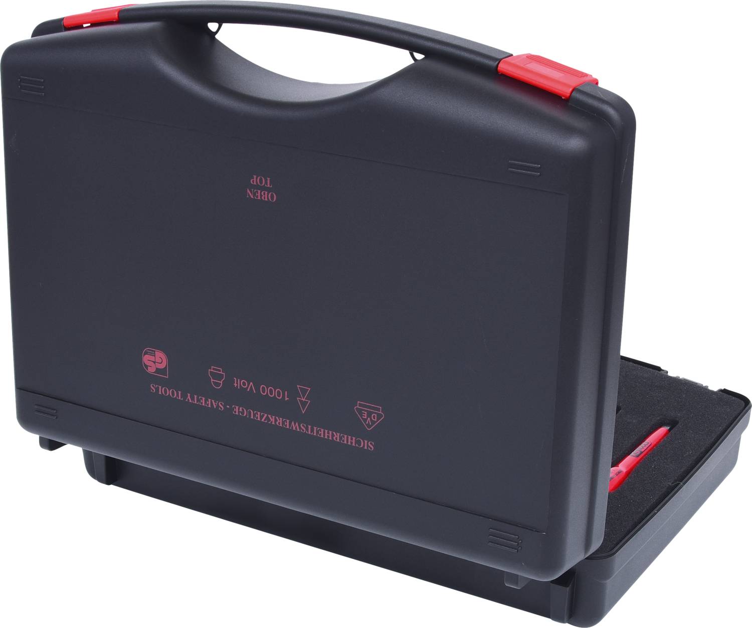 Schwarzer Werkzeugkoffer mit rotem Griff, teilweise geöffnet. Enthält verschiedene Sicherheitswerkzeuge.