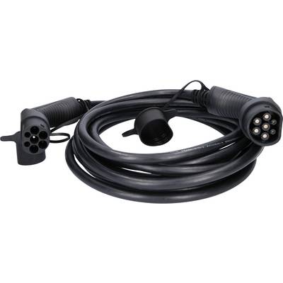 Ein schwarzes Elektroladekabel mit zwei Steckverbindern, das für das Aufladen von Elektrofahrzeugen verwendet wird.