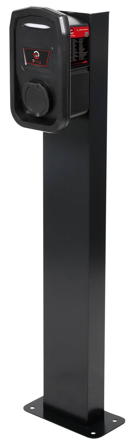 Schwarze Ladestation für Elektrofahrzeuge mit rotem Akzent, montiert auf einem stabilen Standfuß. Ideal für den Außenbereich.