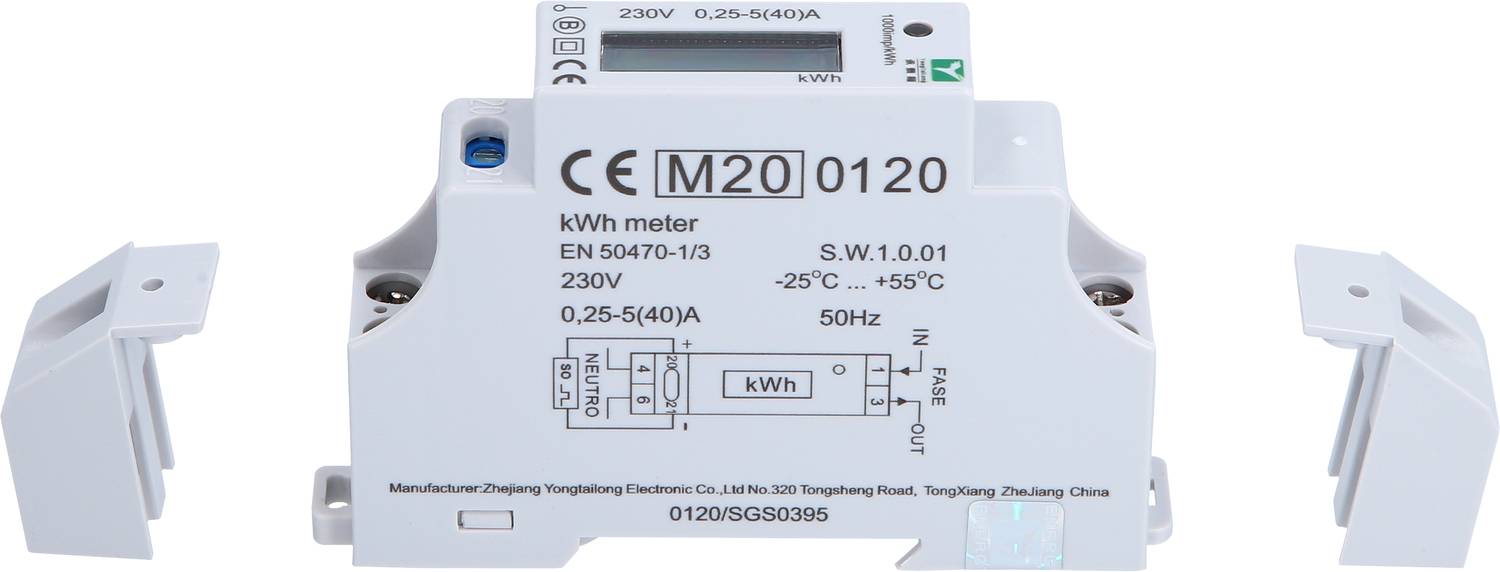 'kWh-Zähler, Modell M20 0120, 230V, 0,25-5(40)A, EN 50470-1/3 zertifiziert, ±25°C bis +55°C, zur Energieverbrauchsmessung.'