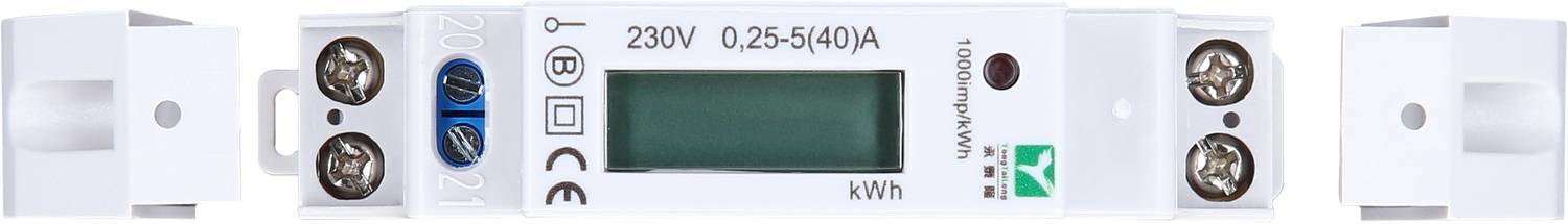 Digitaler Stromzähler mit LCD-Anzeige, zeigt '230V 0.25-5(40)A'. Links und rechts sind Anschlussklemmen zu sehen.