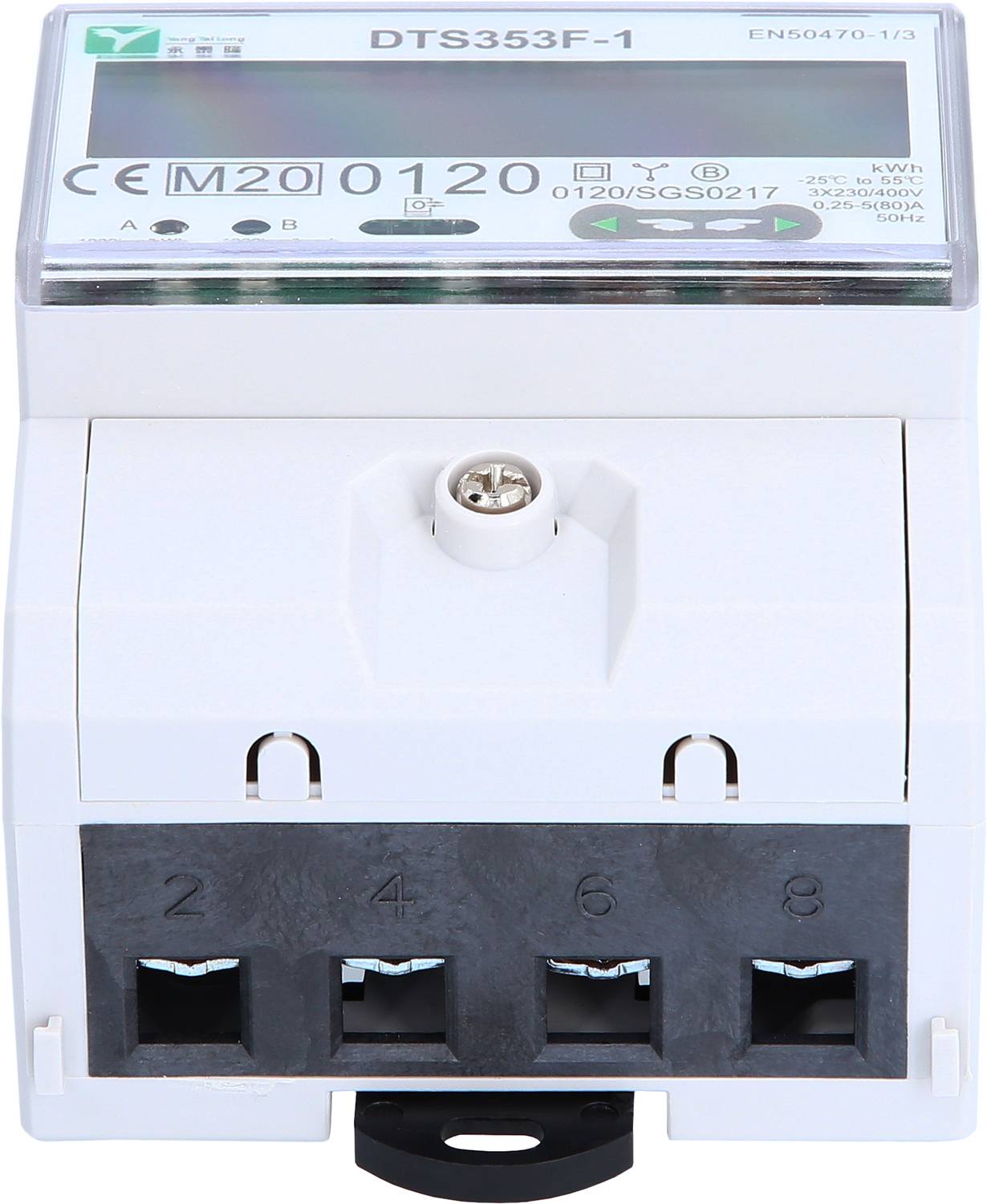 'Elektrizitätszähler DTS353F-1, zeigt CE-Kennzeichnung an. Enthält LCD-Display und Klemmenanschlüsse für elektrische Messungen.'