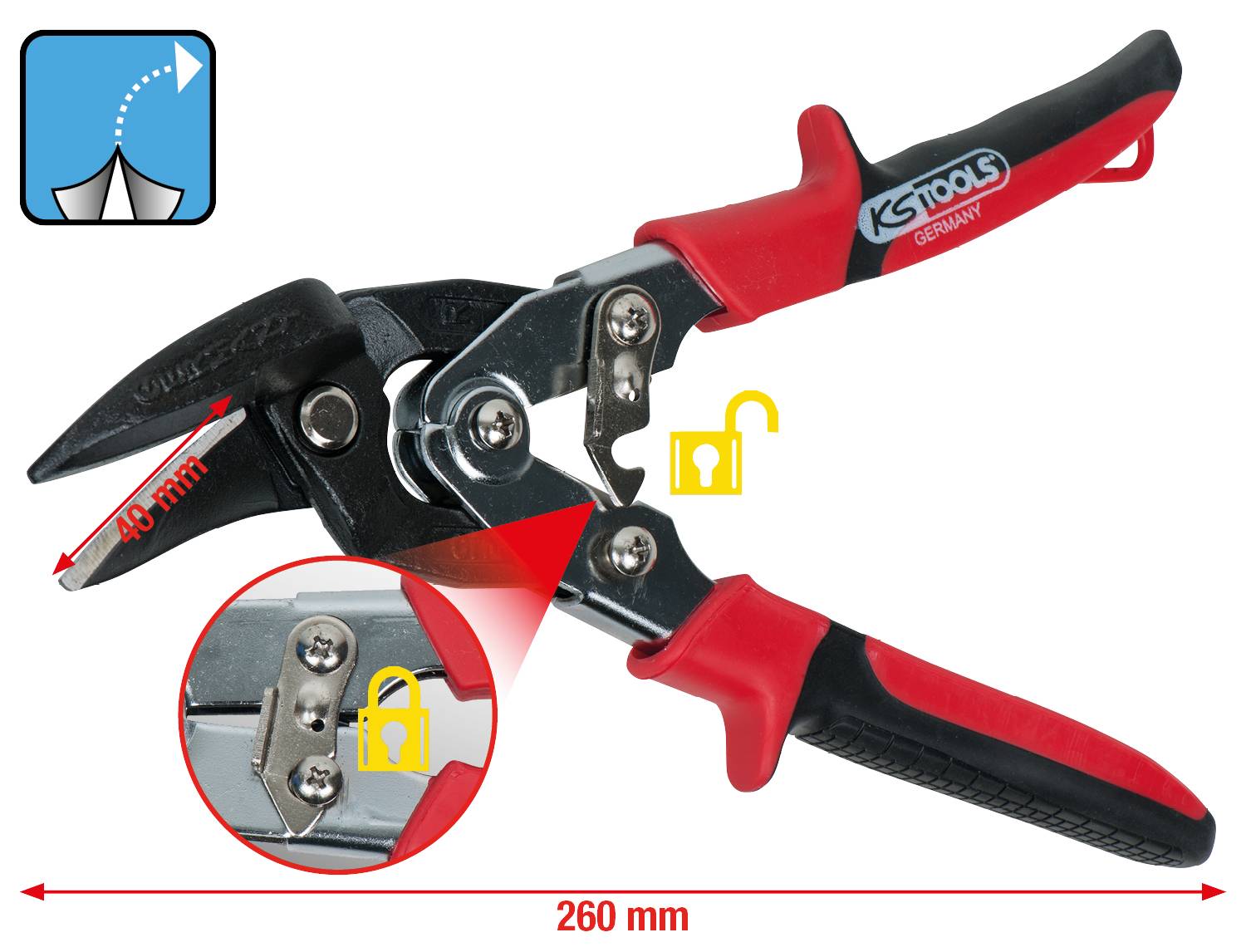 Eine rote und schwarze Blechschere von KS Tools mit einer Länge von 260 mm. Zeigt ein Nahbild des Schließmechanismus.
