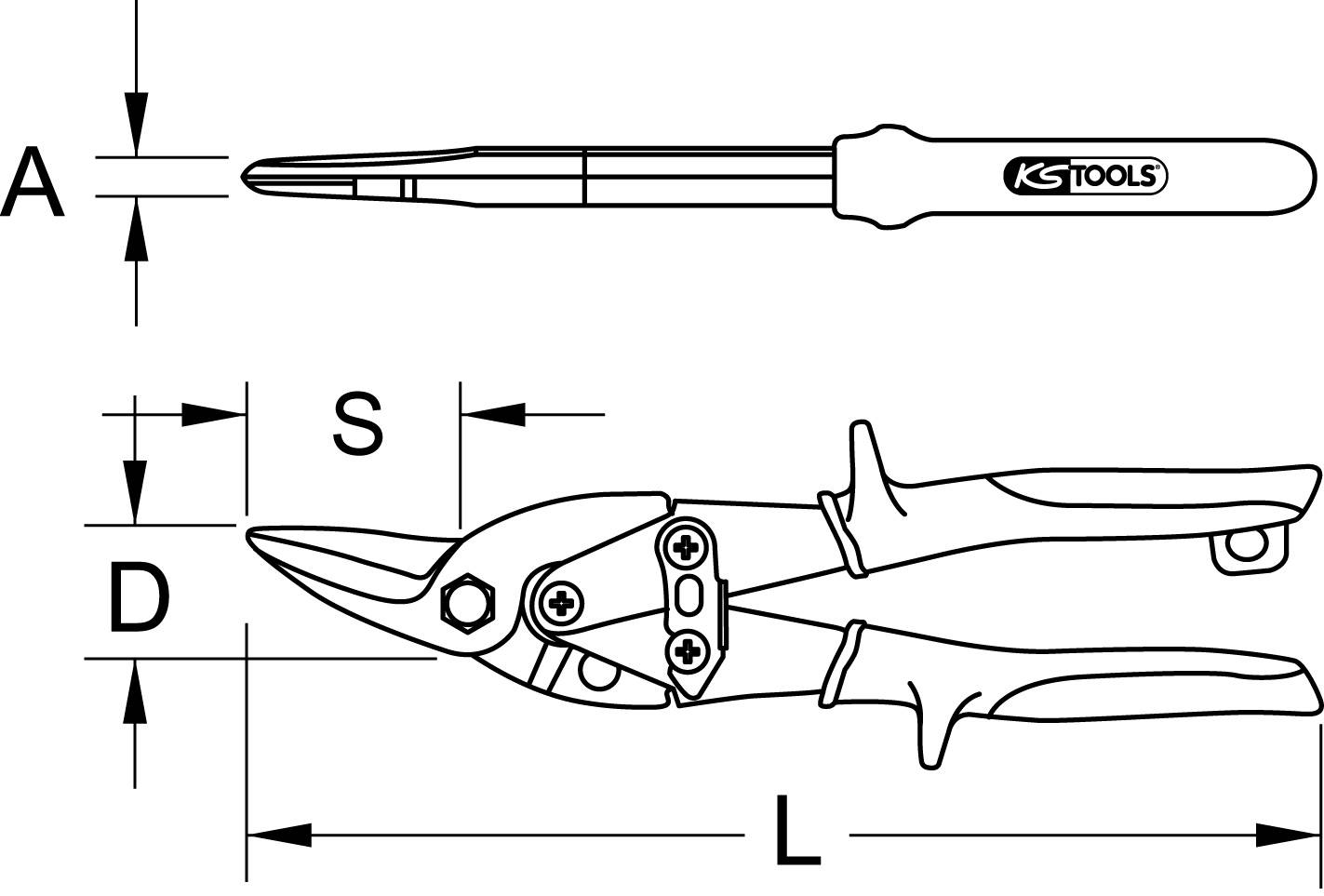 Abbildung einer Blechschere mit Griff und Schneidkopf, Beschriftung der Größe mit 'S', 'D' und 'L'. Oben ist ein Schraubendreher mit einem Logo abgebildet.