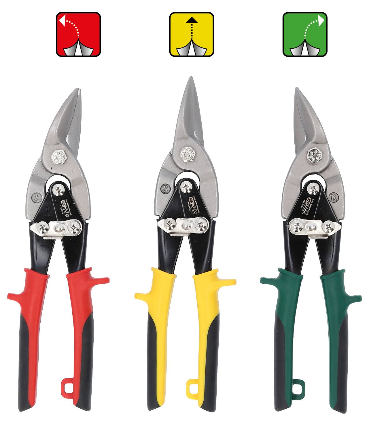Drei Blechscheren mit farbigen Griffen: rot für linke Schnitte, gelb für gerade Schnitte, grün für rechte Schnitte. Symbole oben.