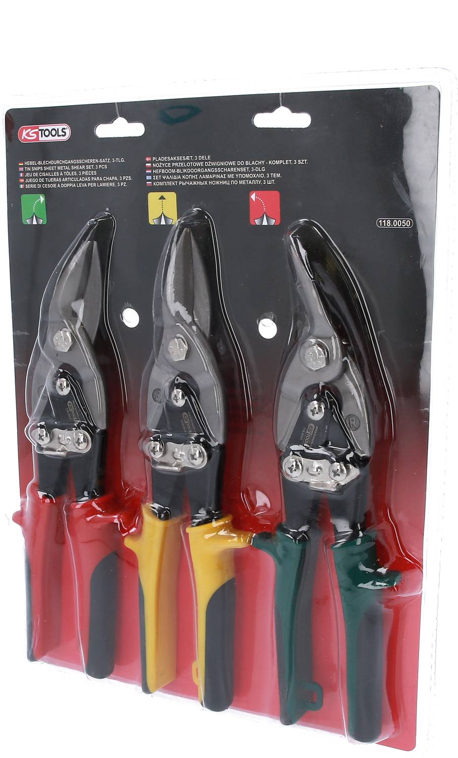 'Drei Blechscheren mit unterschiedlich farbigen Griffen in einer Plastikverpackung: rot-gelbe, grün-gelbe und gelb-rote Griffen.'