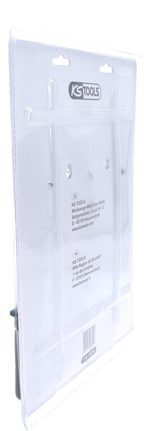 Eine transparente Verpackung für ein KS TOOLS Produkt, zeigt das Logo und die Artikelinformationen auf der Rückseite.
