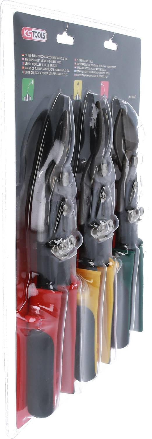 Verpackung mit vier Blechscheren in verschiedenen Farben (rot, gelb, grün, schwarz) von KS Tools, geeignet für Metallbearbeitung.