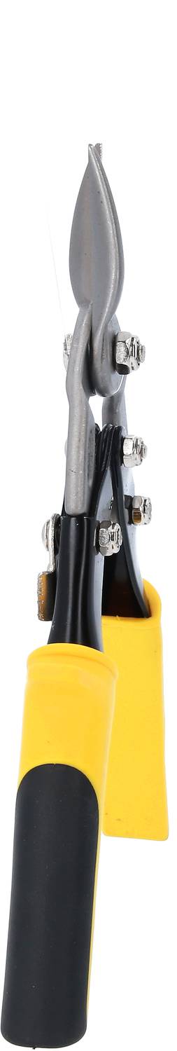 Gartenschere mit gelben Griffen in geschlossenem Zustand aufrecht stehend. Geeignet für den Schnitt von kleineren Ästen und Pflanzen.