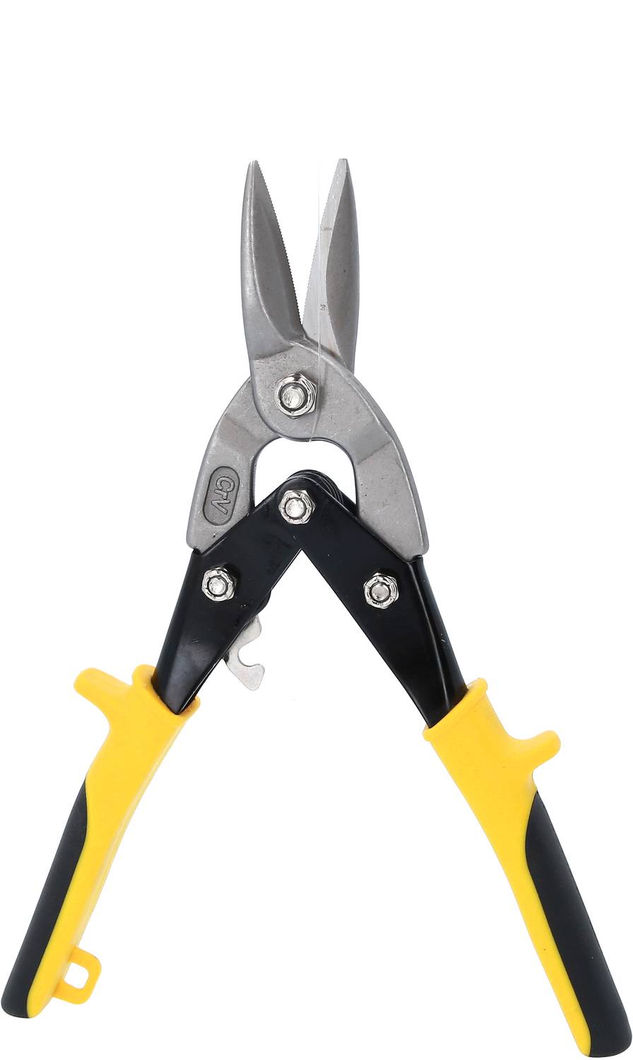 Eine Blechschere mit gelben Griffen auf weißem Hintergrund. Sie besteht aus Metall und Kunststoff und dient zum Schneiden von Blech.