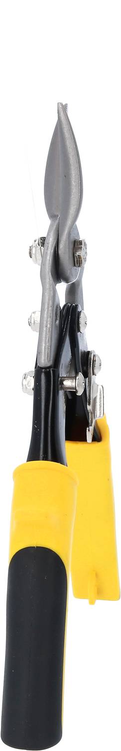 Eine gelbe und schwarze Blechschere mit gezahnten Klingen, geeignet zum Schneiden von Metallblechen.