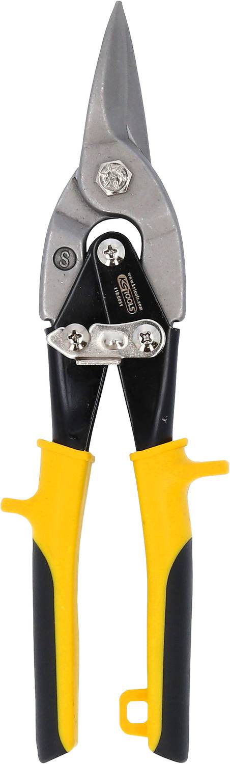 Eine gelb-schwarze Metallschere mit langem, scharfem Schneideblatt, geeignet zum Schneiden von Materialien wie Blech oder Draht.