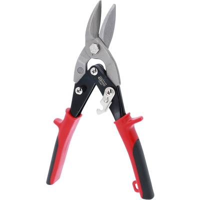 Blechschere mit roten Griffen und silberner Klinge, geeignet für Schneidarbeiten in Handwerk und Bau.